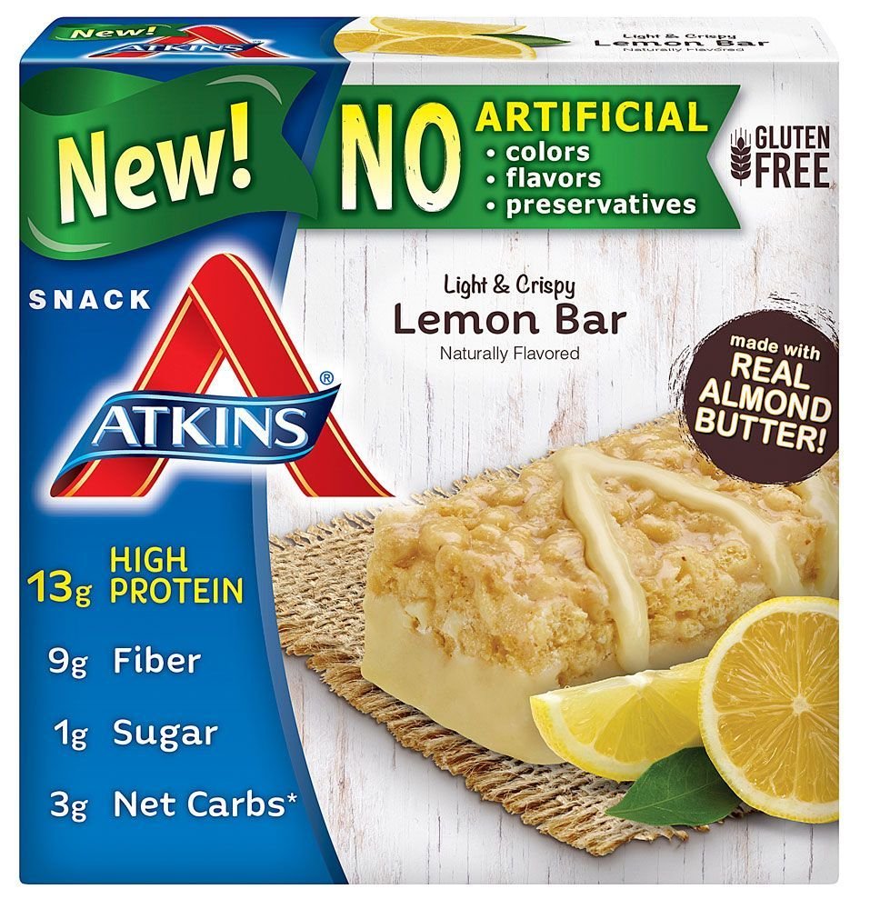Atkins pack frontal mostrando caja y 5 barritas, práctico para llevar