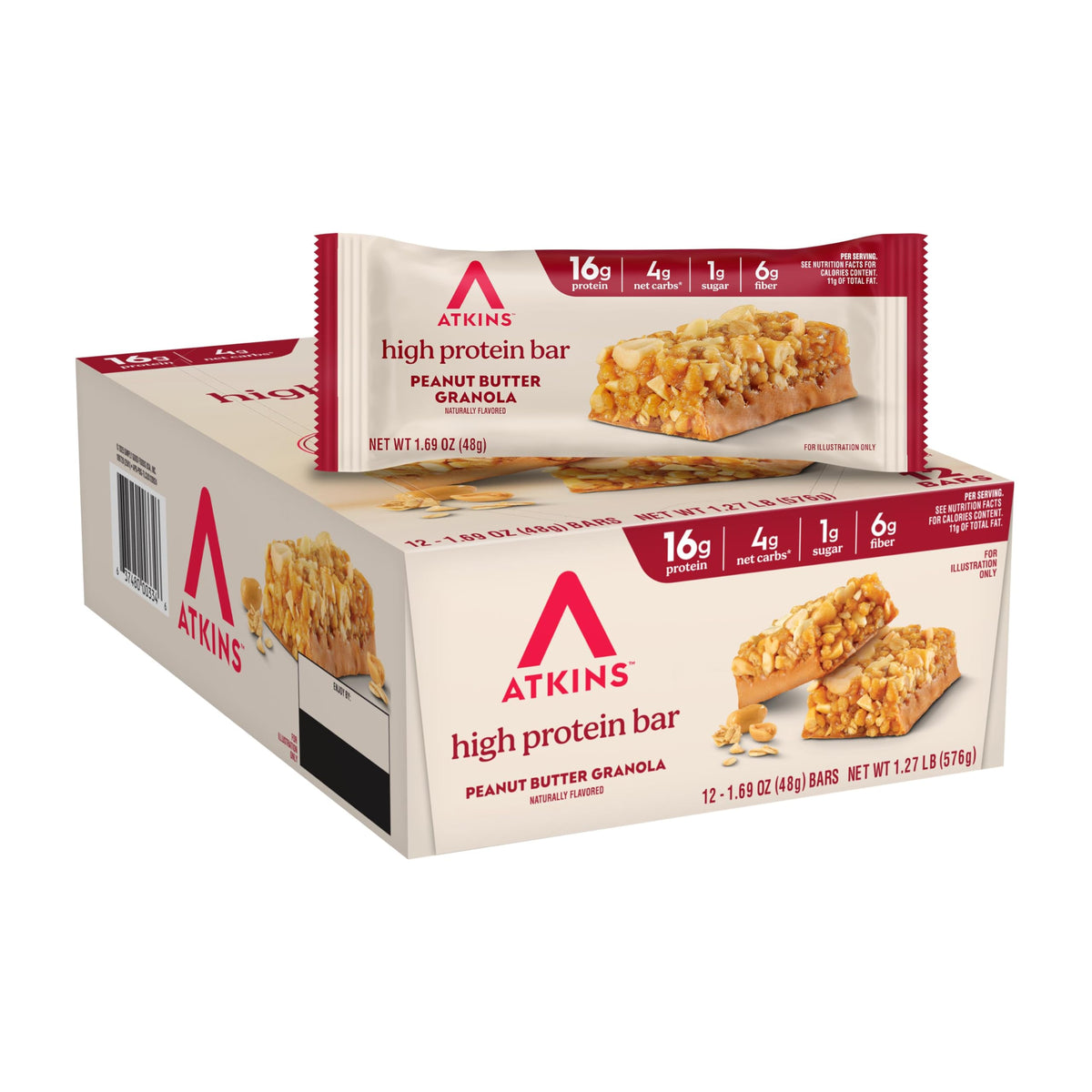 Atkins frente del empaque mostrando 12 barras, ideal para planificación de snacks