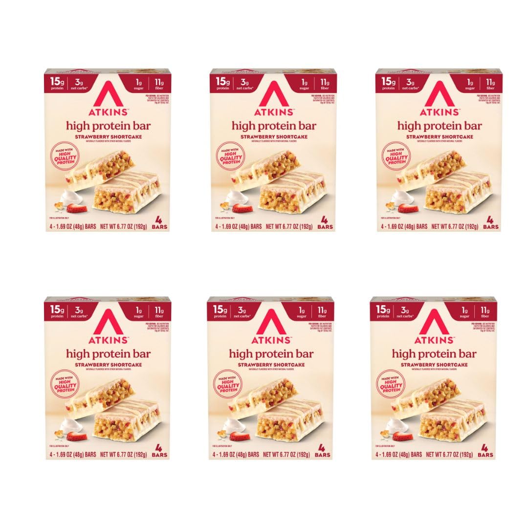 Atkins frontal del empaque mostrando sabor strawberry shortcake y beneficio saciante