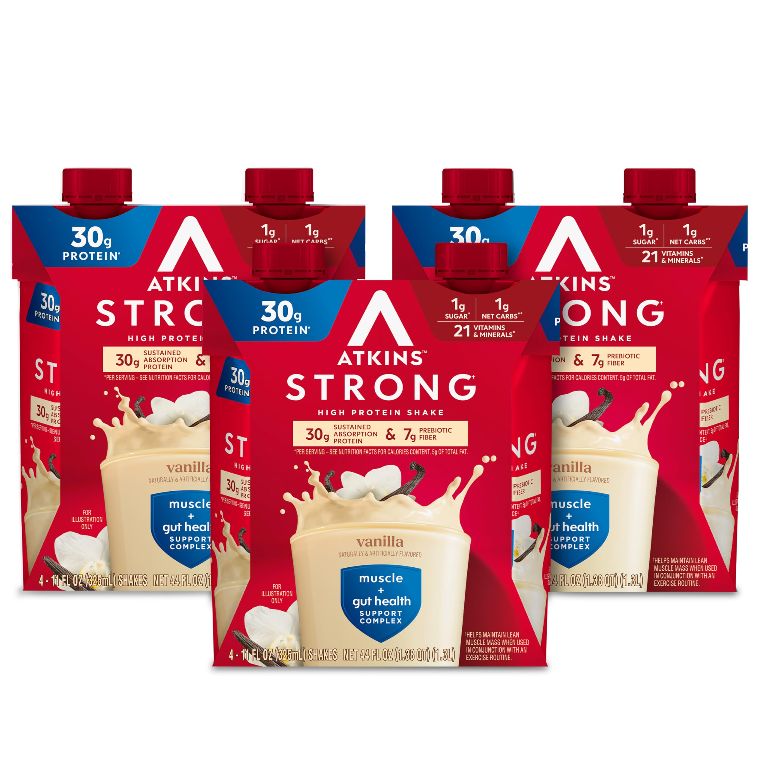 Atkins botella frontal con 30g proteína y 1g carbohidratos para conveniencia