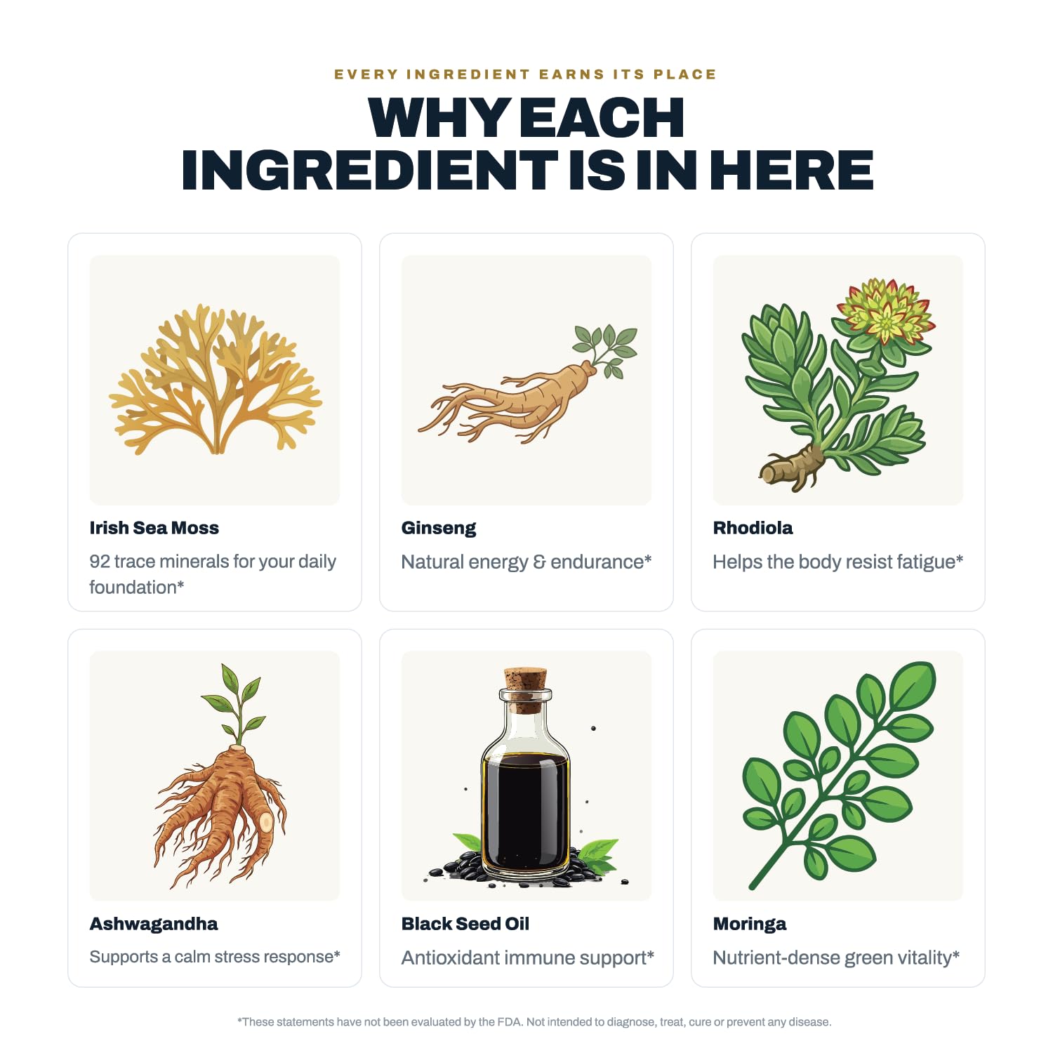 Atlantic Naturals etiqueta con lista de ingredientes clave y beneficios informativos