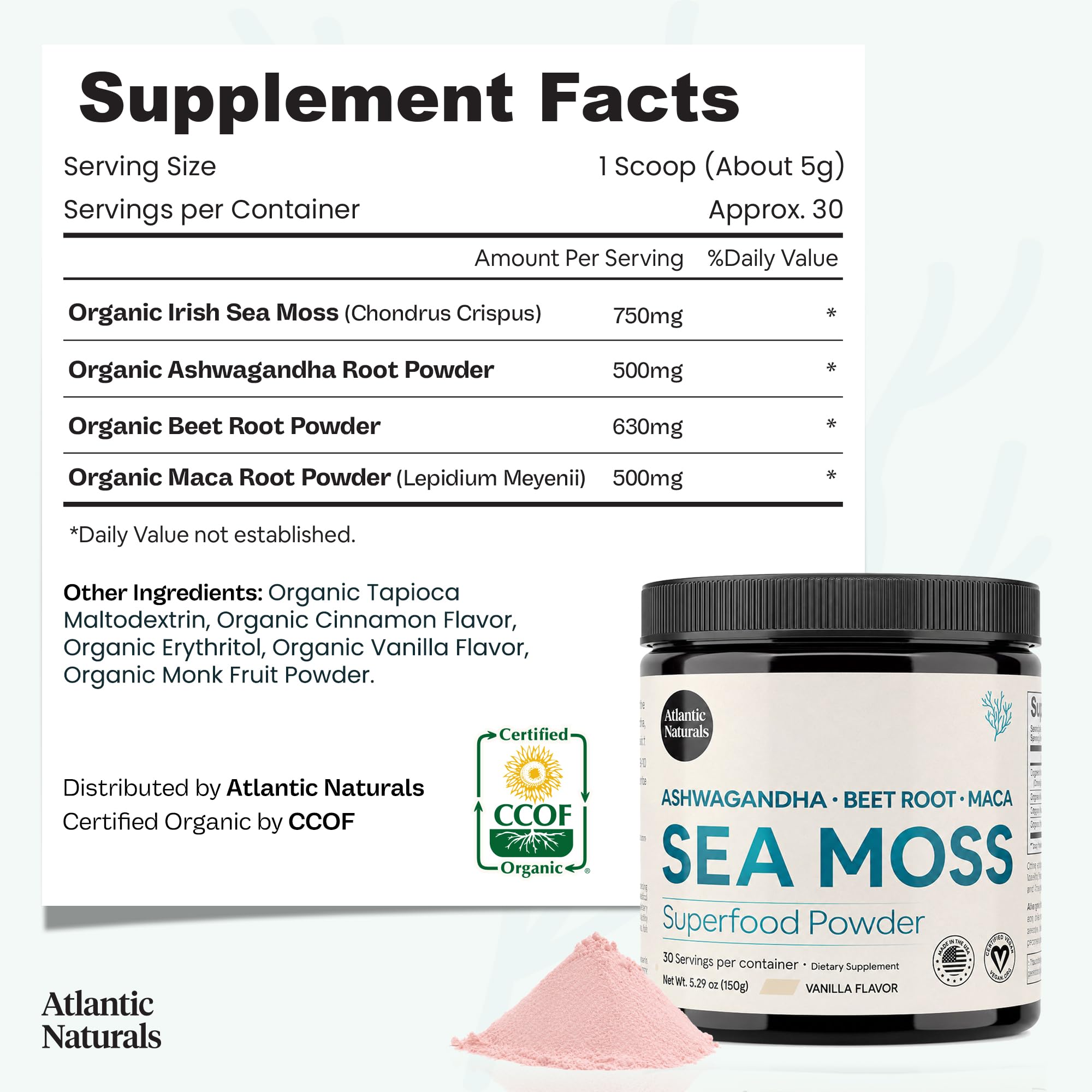 Atlantic Naturals etiqueta con lista de ingredientes visibles y claros
