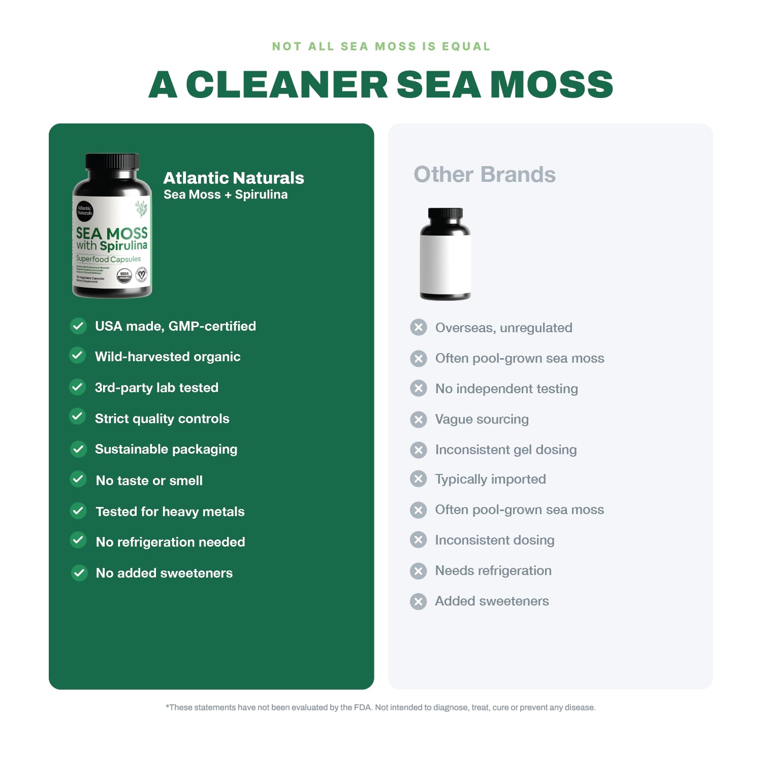 Atlantic Naturals spirulina y sea moss ilustrados para destacar su origen marino