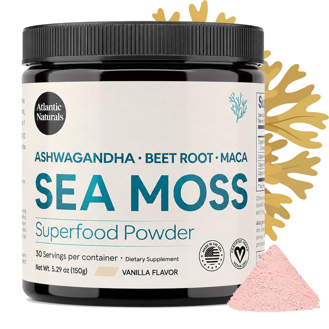 Atlantic Naturals envase frontal mostrando la mezcla y beneficios