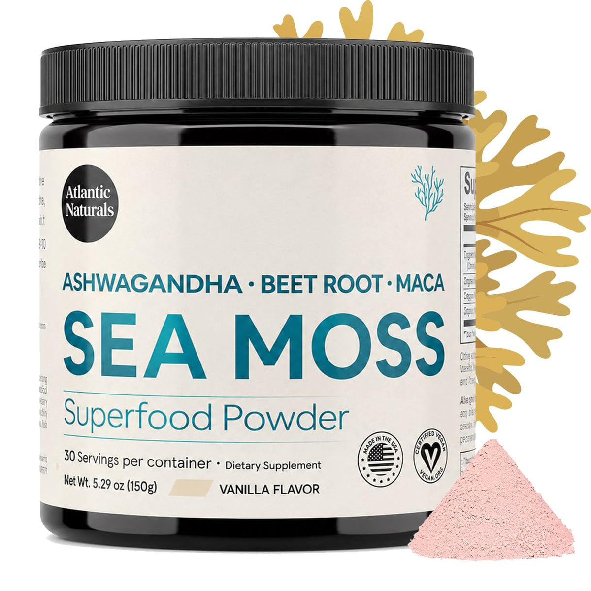 Atlantic Naturals envase frontal mostrando la mezcla y beneficios
