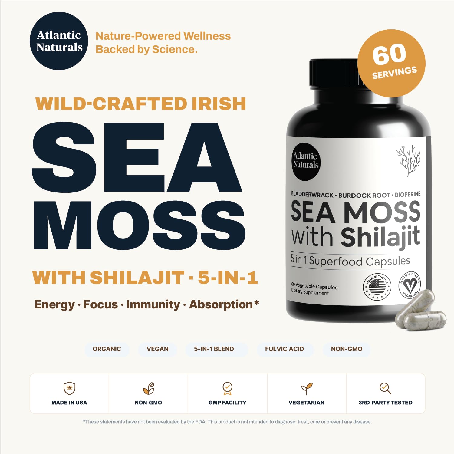 Atlantic Naturals textura del polvo de sea moss y shilajit para calidad