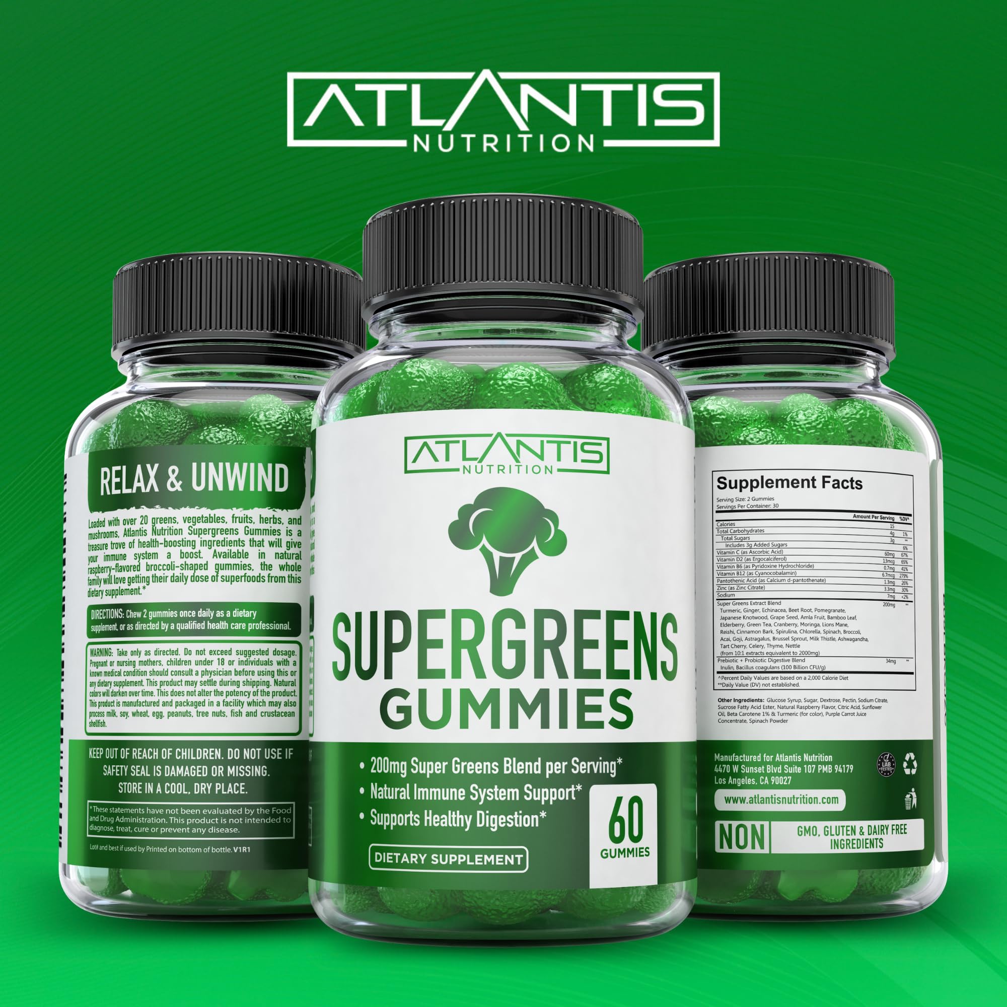 Atlantis Nutrition etiqueta de ingredientes destacando la mezcla de 20 superalimentos