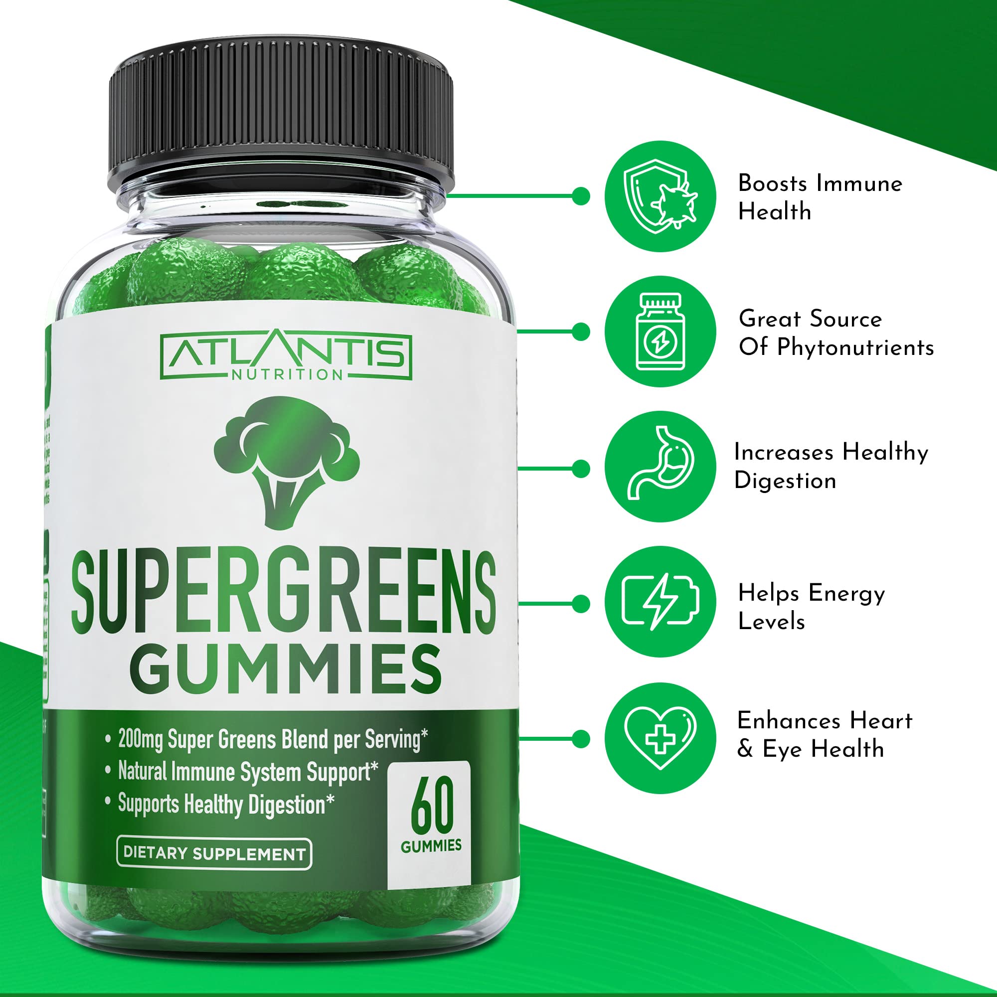Atlantis Nutrition gominolas apiladas mostrando forma de brócoli y atractivo sabor