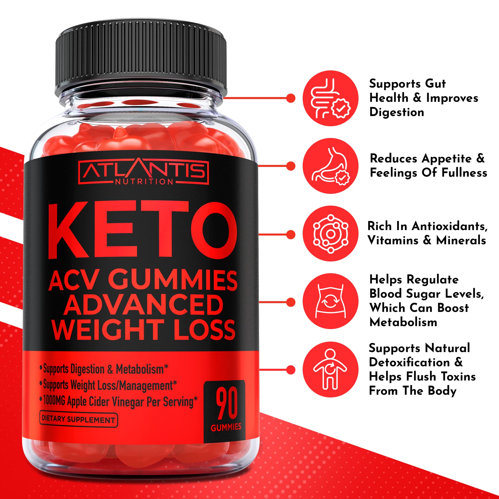 Atlantis Nutrition primer plano gomita textura masticable y atractiva