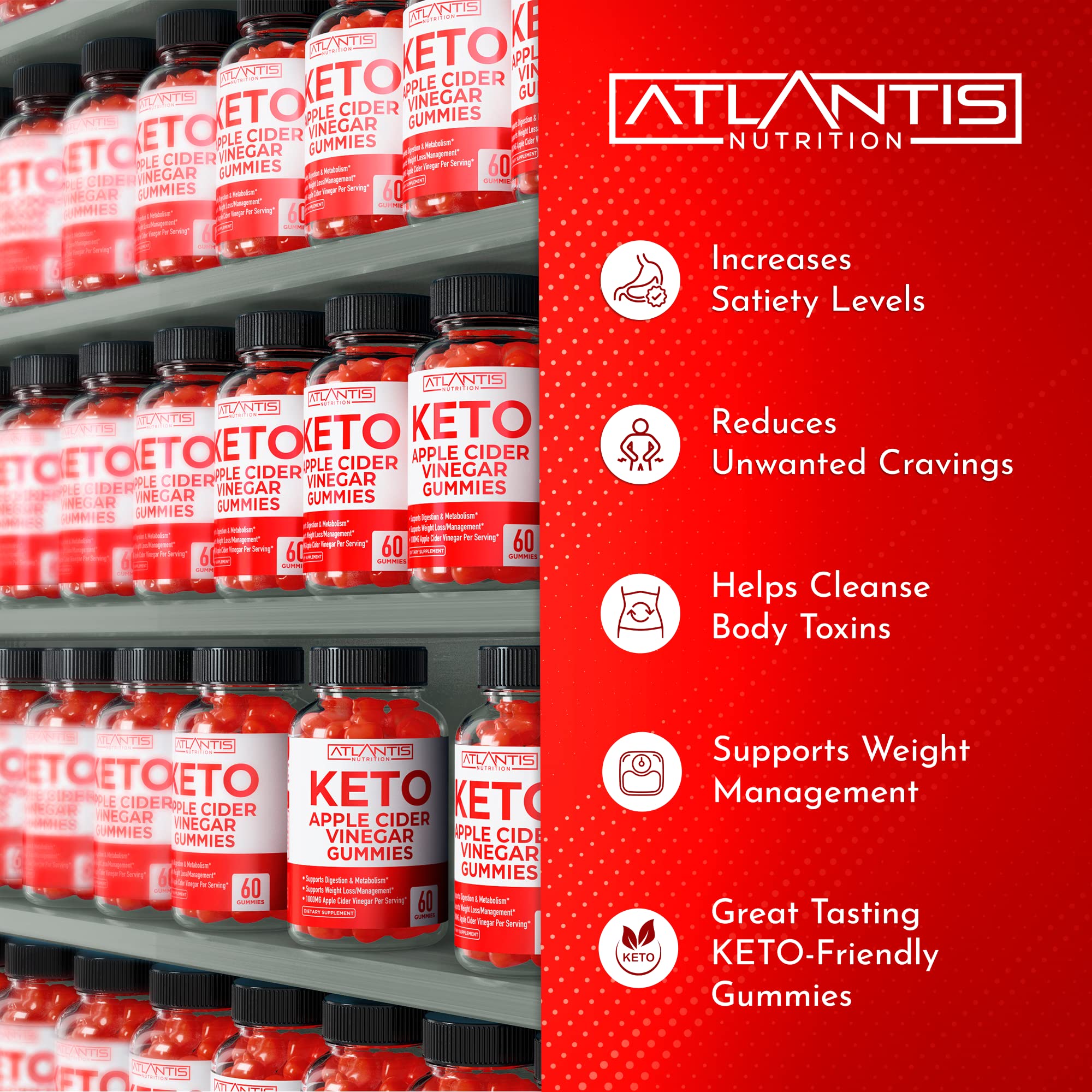 Atlantis Nutrition tarro de gomitas sobre encimera de cocina para uso cotidiano