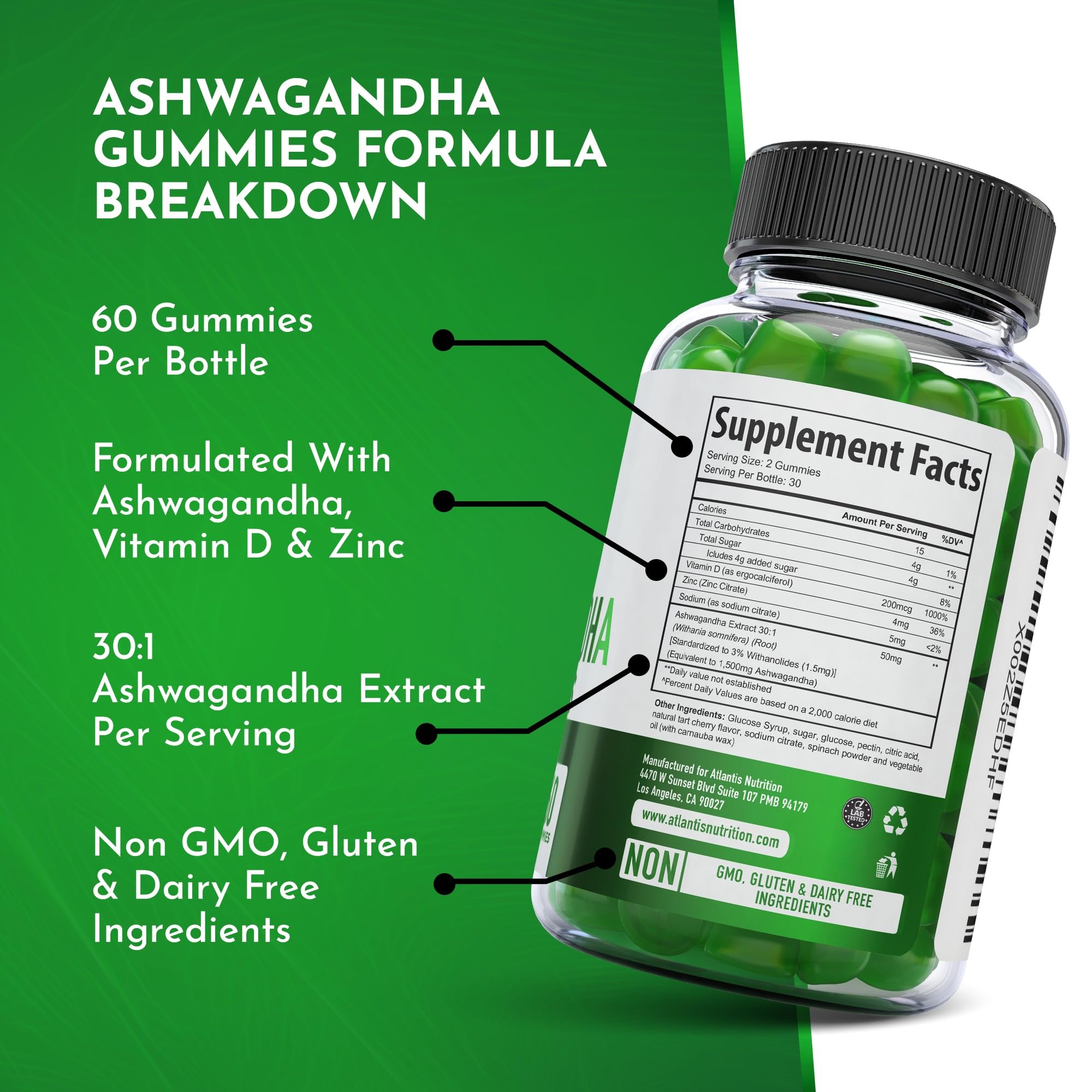Atlantis Nutrition ingredientes clave: ashwagandha, vitamina D y zinc visualizados