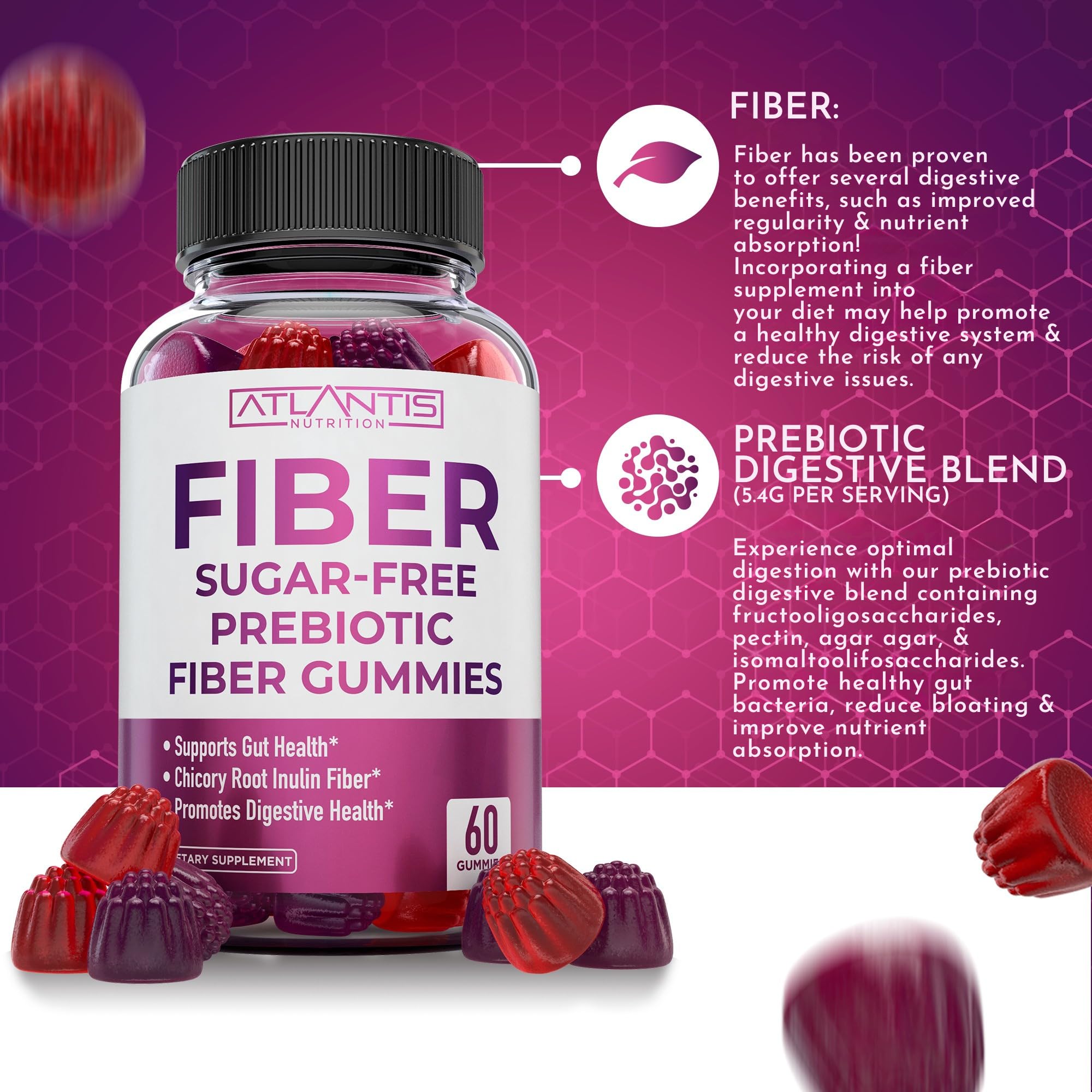 Atlantis Nutrition etiqueta con ingredientes y mezcla prebiótica visible