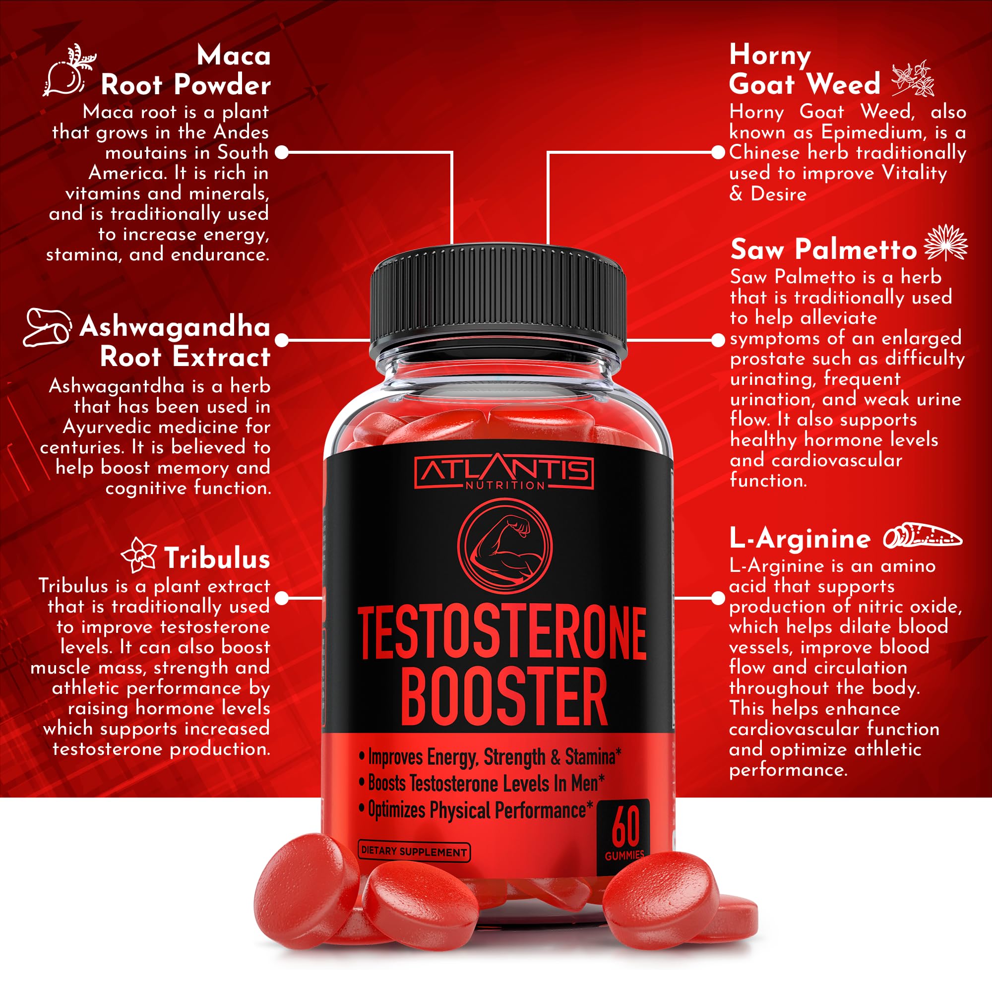 Atlantis Nutrition ingredientes maca y tribulus ilustrados para energía natural