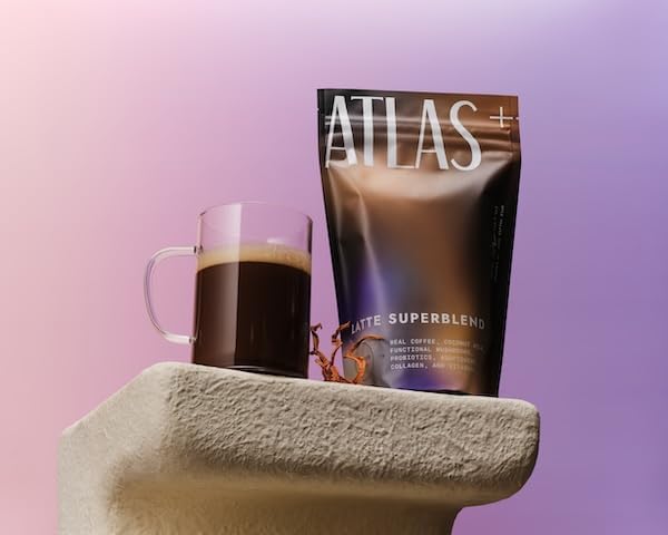 Atlas Coffee Club detalle de colágeno y hongos en polvo destacando calidad