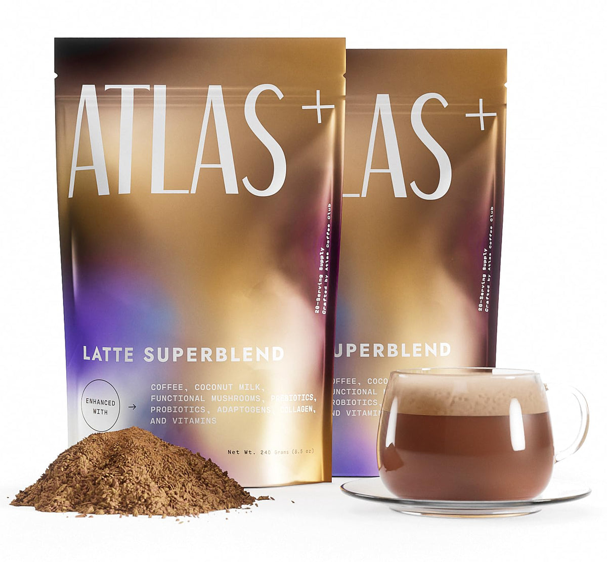 Atlas Coffee Club frasco delantero mostrando la marca y portabilidad