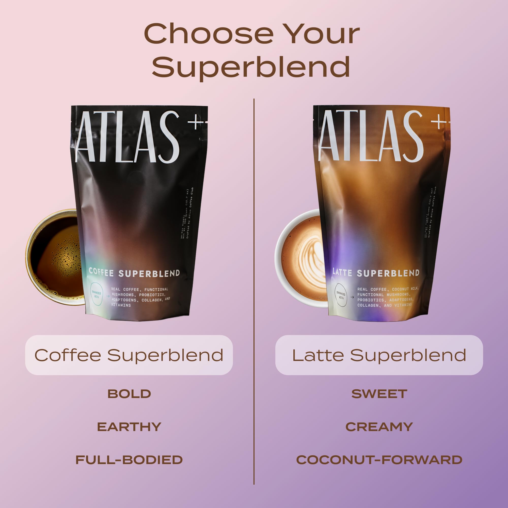 Atlas Coffee Club ingredientes agrupados: hongos, colágeno y especias beneficiosas