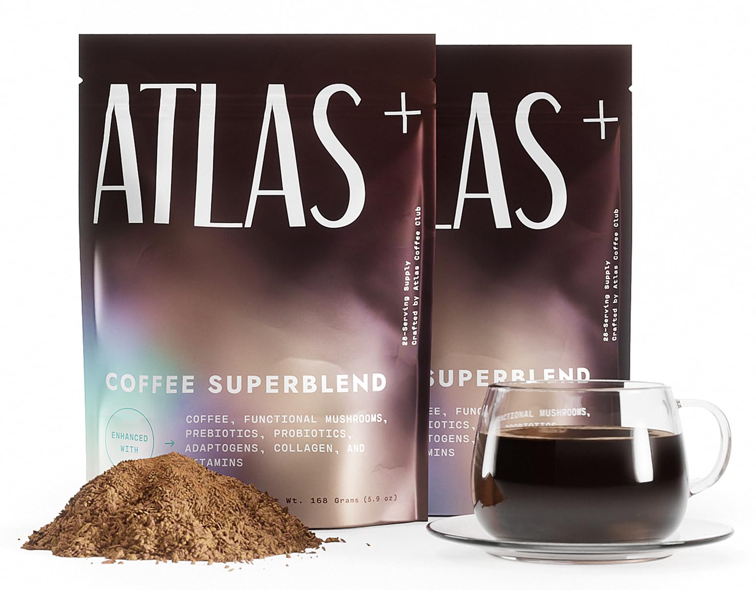Atlas Coffee Club envase frontal del Superblend mostrando el diseño y porciones