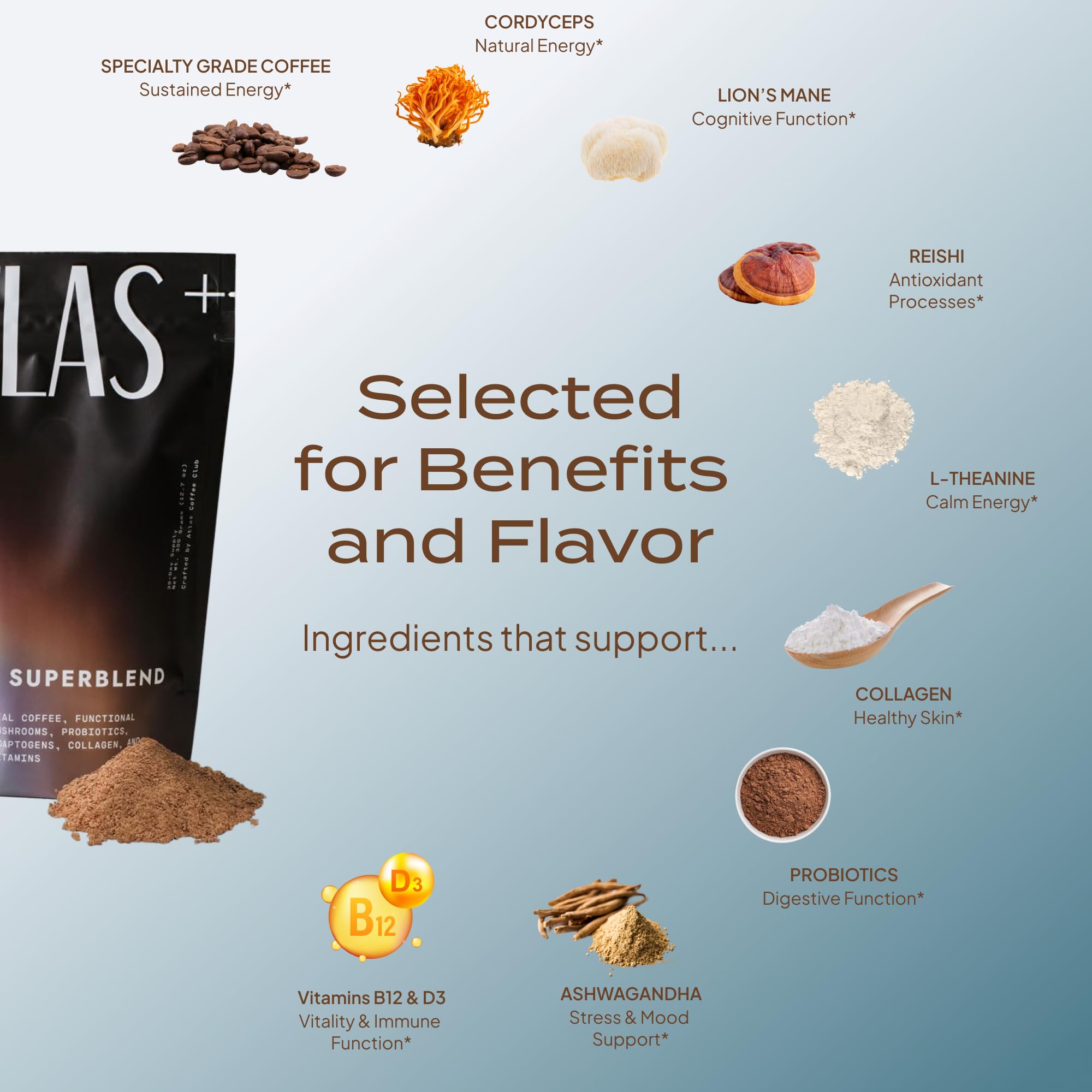 Atlas Coffee Club primer plano de la textura del polvo, mezcla homogénea y fácil disolución