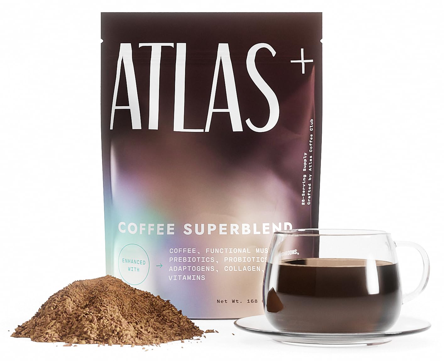 Atlas Coffee Club frente del paquete mostrando diseño y porciones