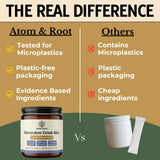 Atom & Root frasco en mano para comparar tamaño, práctico y portátil
