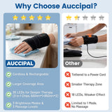 Auccipal tamaño comparado con una mano para visualizar escala y portabilidad