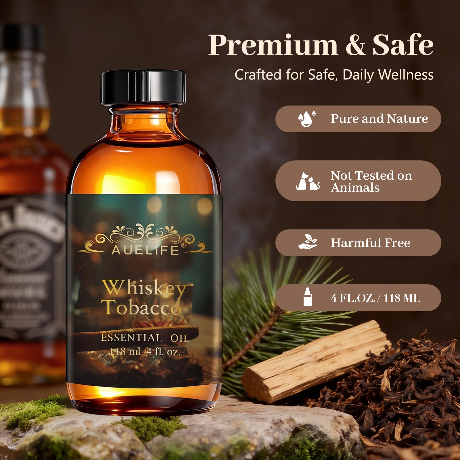 Auelife etiqueta detalle con nombre Whiskey Tobacco y notas, facilita identificación rápida del aroma