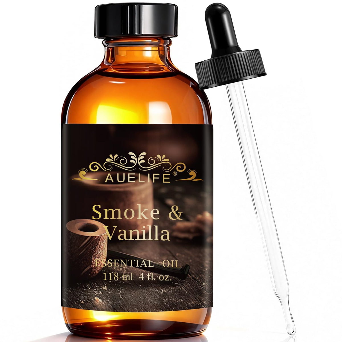 Auelife botella frontal ámbar con aroma smoke and vanilla, protección y atractivo