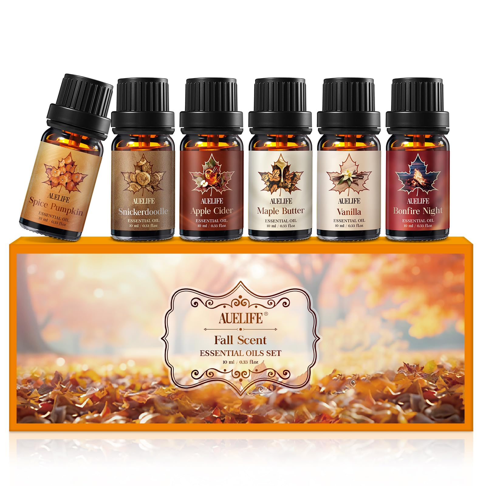 Auelife set otoñal frontal con seis frascos ámbar mostrando variedad y atmósfera acogedora