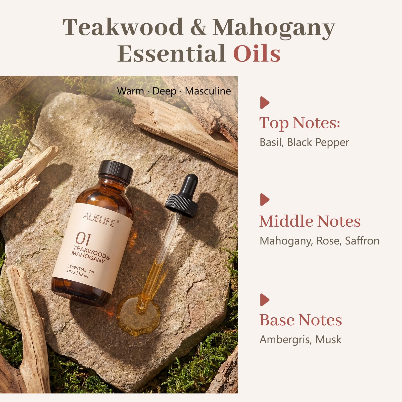 Auelife detalle de etiqueta legible que destaca aroma teakwood y mahogany