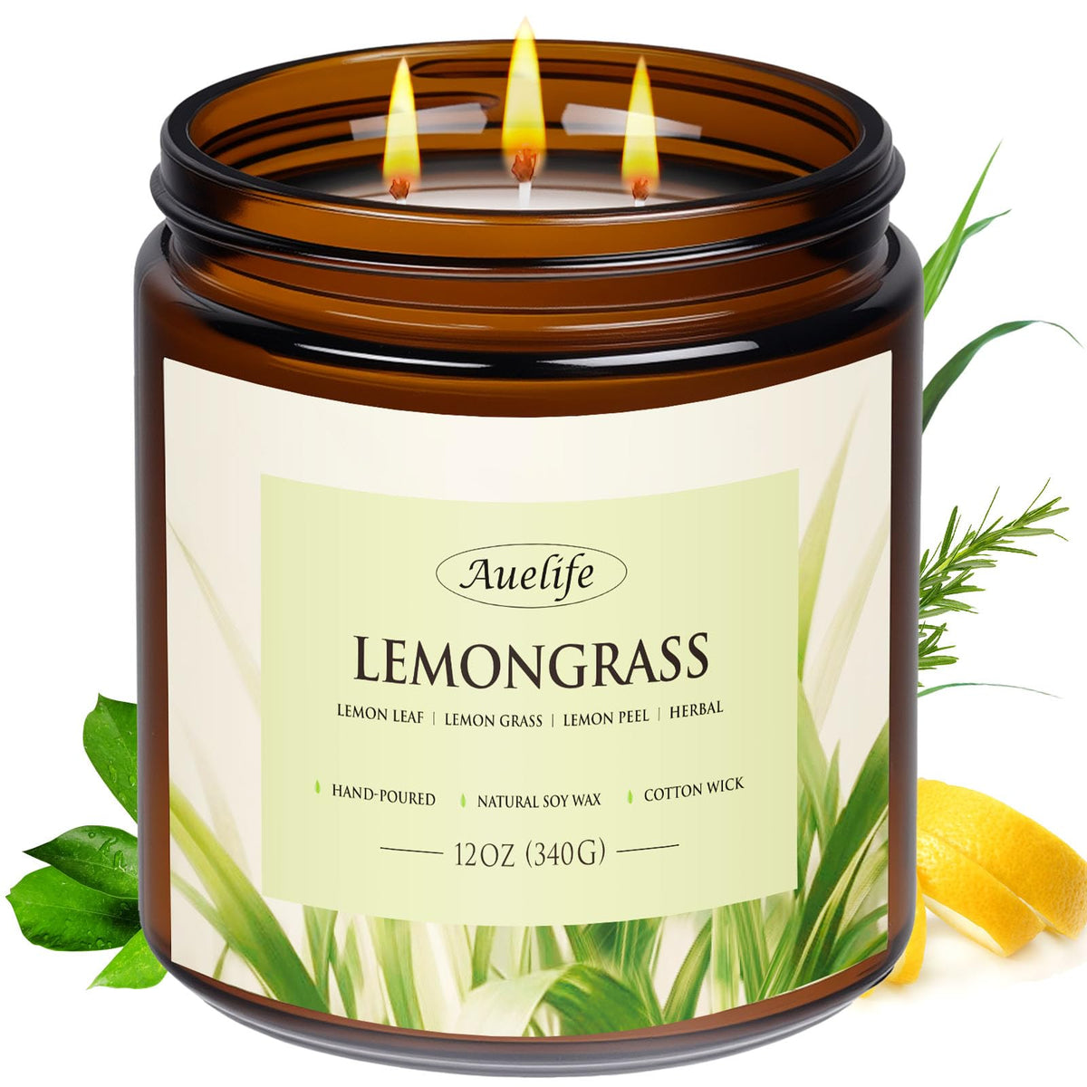 Auelife vela lemongrass tarro frontal mostrando diseño y uso