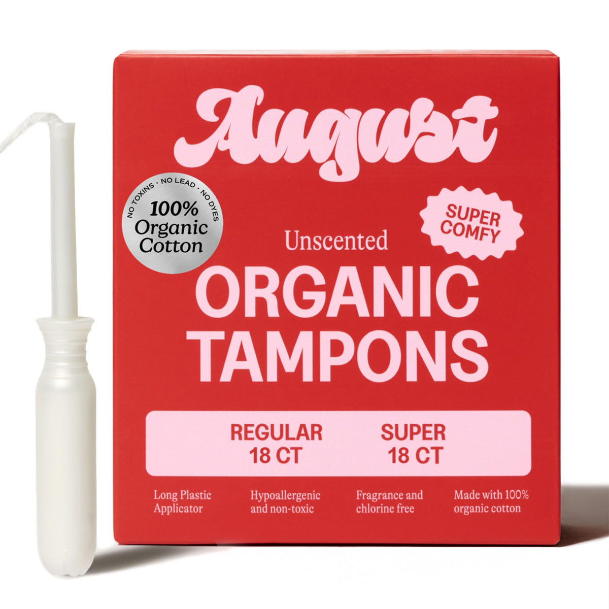 August pack frontal mostrando 36 tampones y comodidad confiable