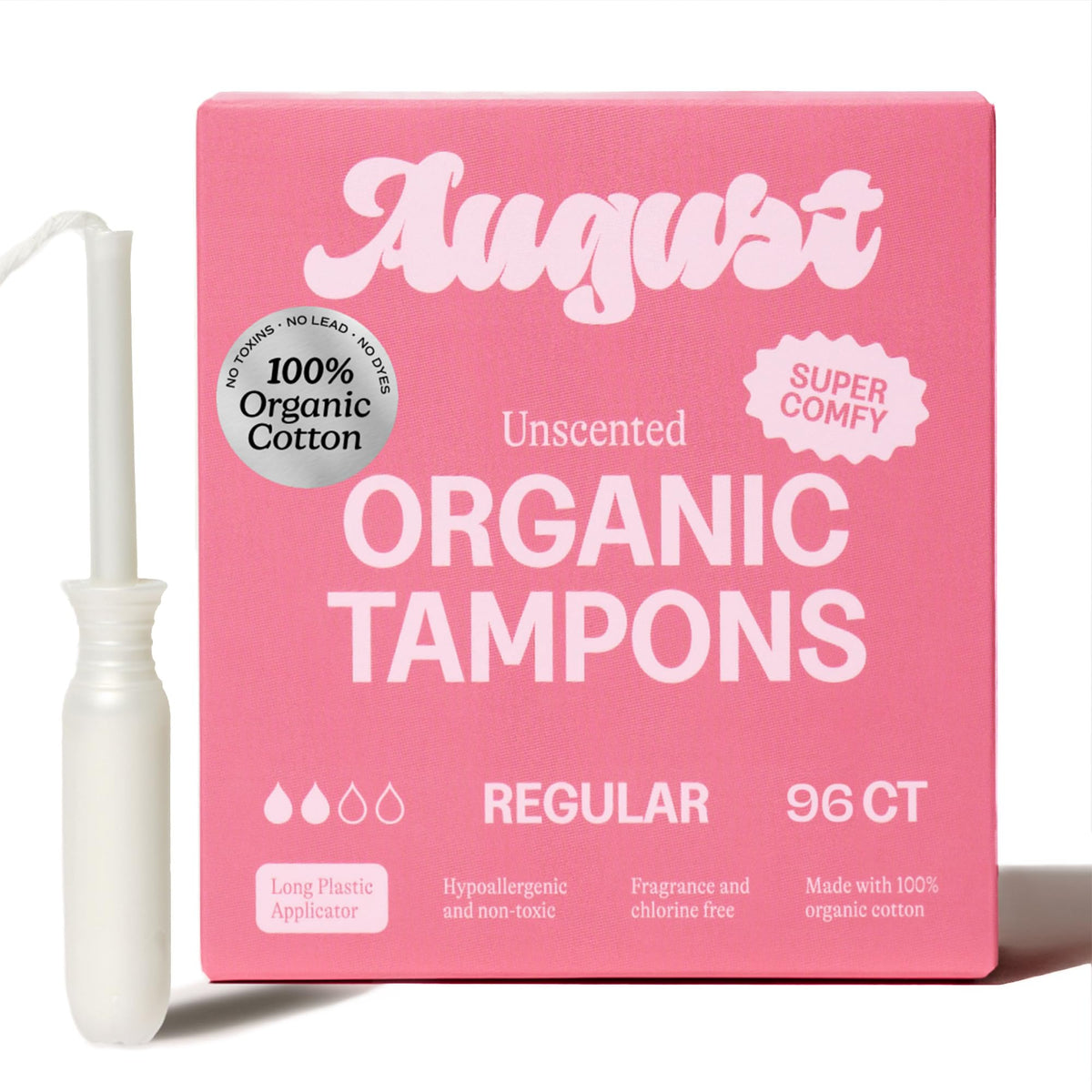 August paquete frontal mostrando 96 tampones orgánicos, cómodo almacenamiento