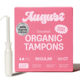 August paquete frontal mostrando 96 tampones orgánicos, cómodo almacenamiento