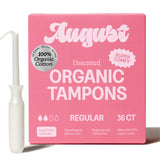 August empaque frontal de tampones orgánicos muestra protección suave