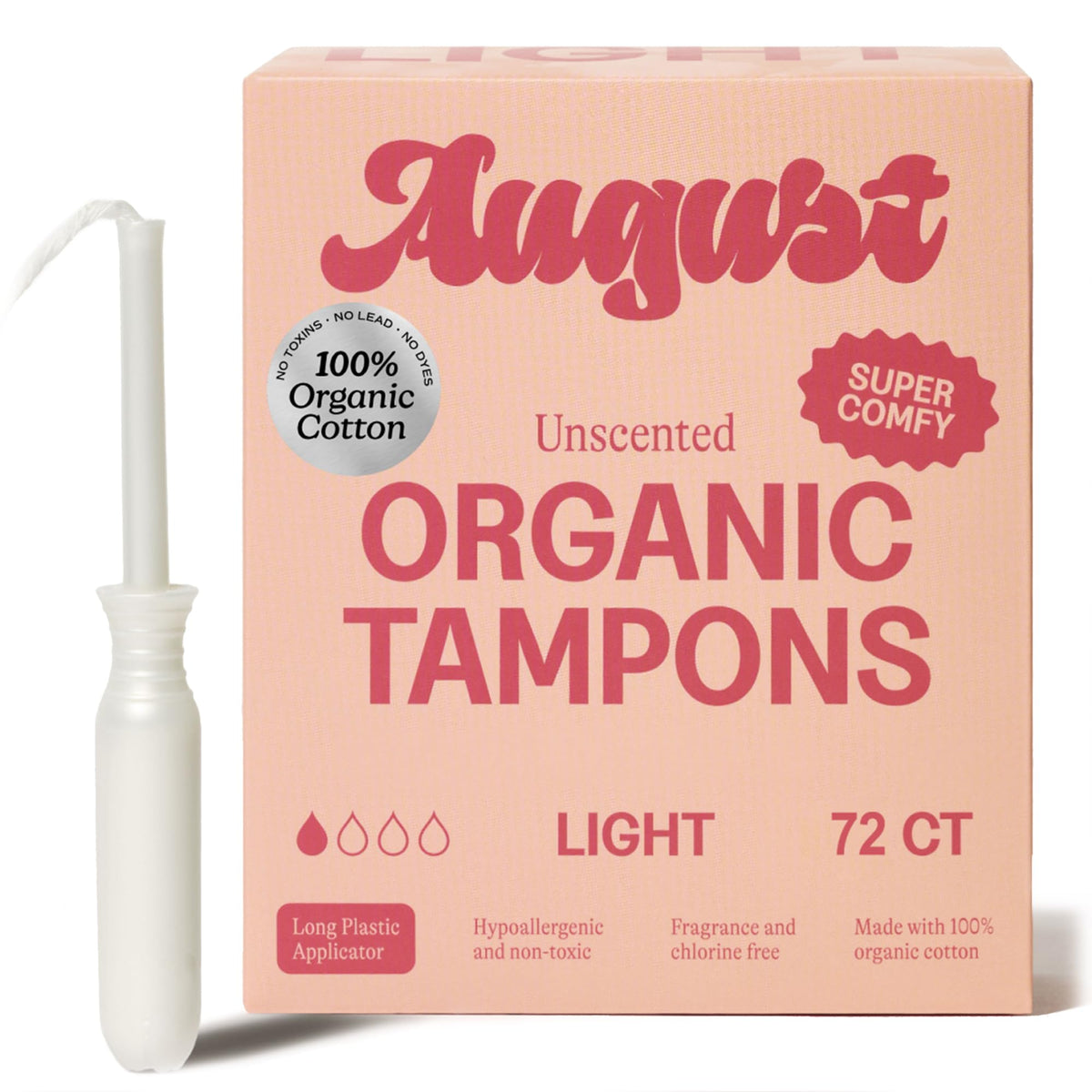 August tampón pack frontal mostrando 72 unidades y beneficio de conveniencia