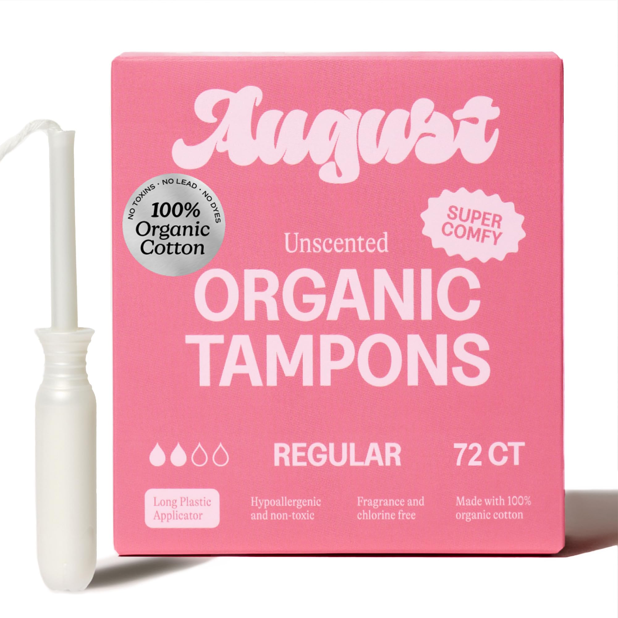 August paquete frontal mostrando 72 tampones y beneficios orgánicos