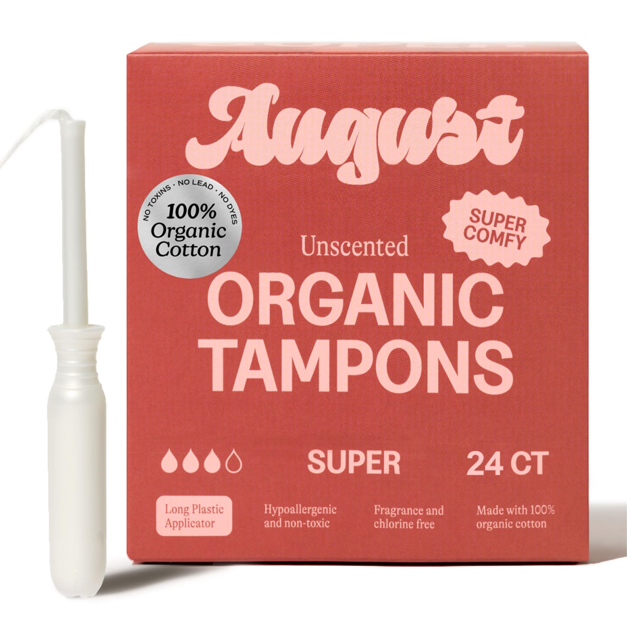 August paquete frontal mostrando 24 tampones y beneficios hipoalergénicos