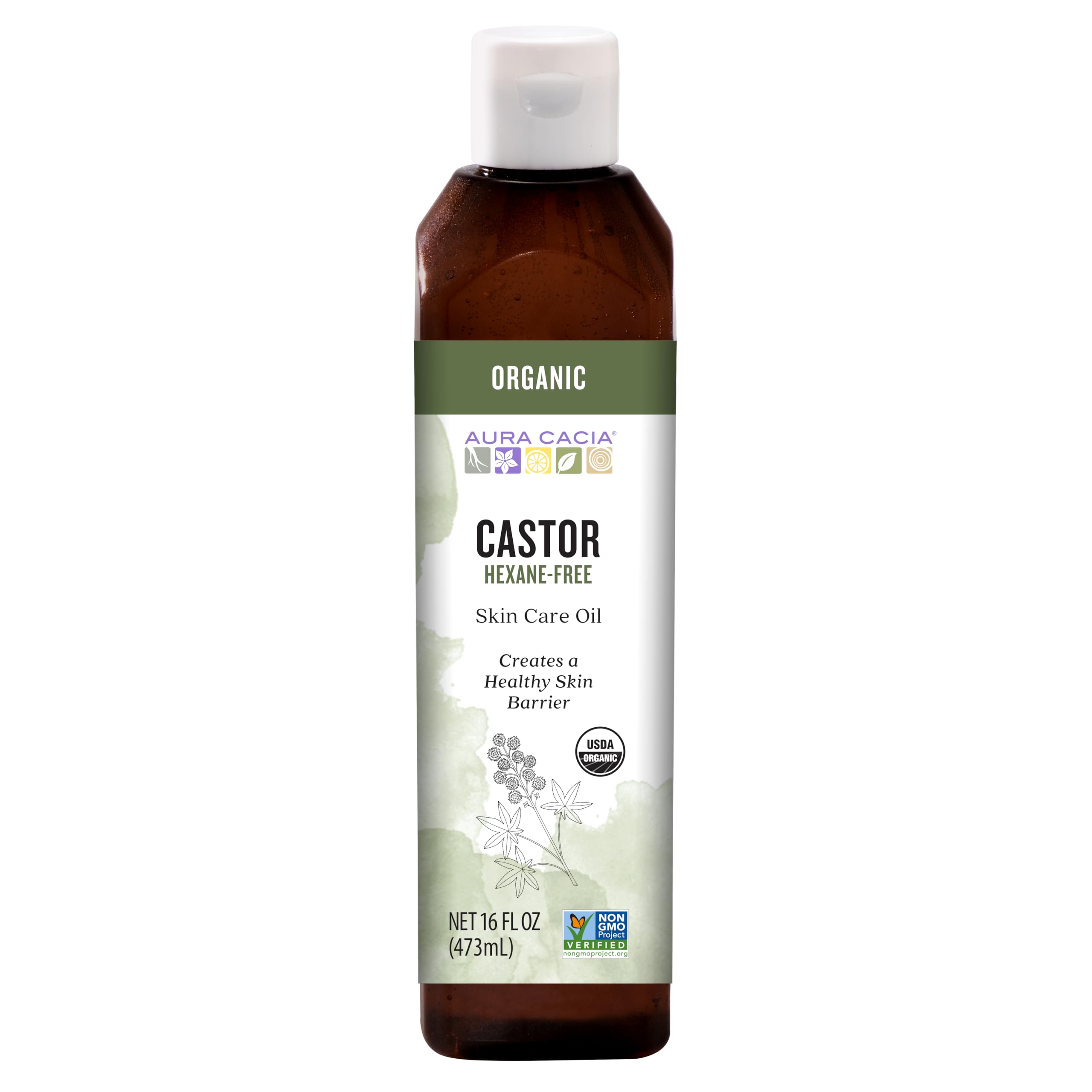 Aura Cacia botella frontal mostrando aceite de ricino y volumen