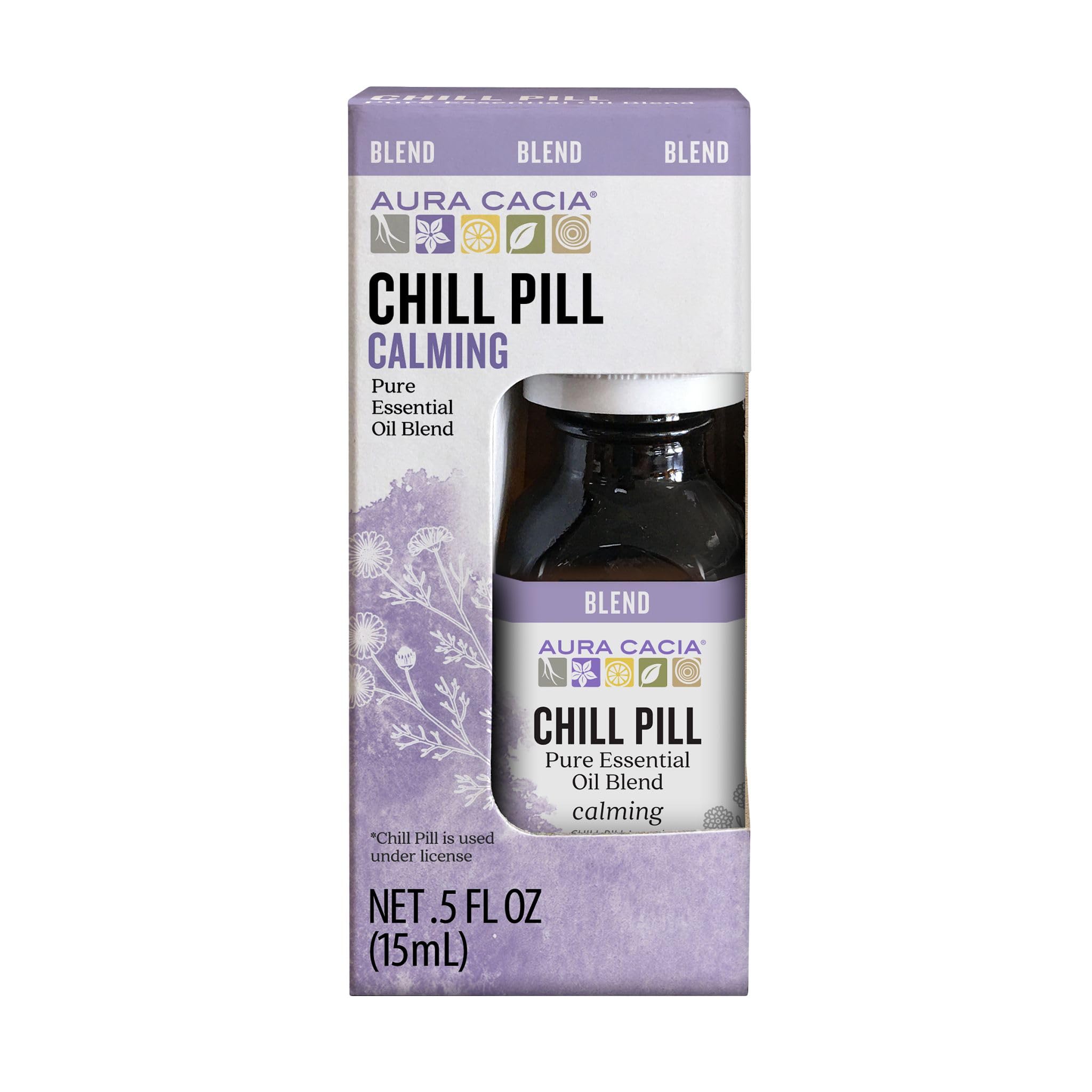 Aura Cacia frasco Chill Pill frente, muestra pureza y formato 15 ml