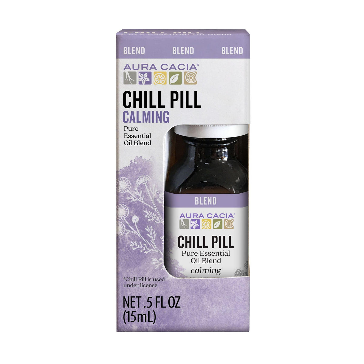 Aura Cacia frasco Chill Pill frente, muestra pureza y formato 15 ml