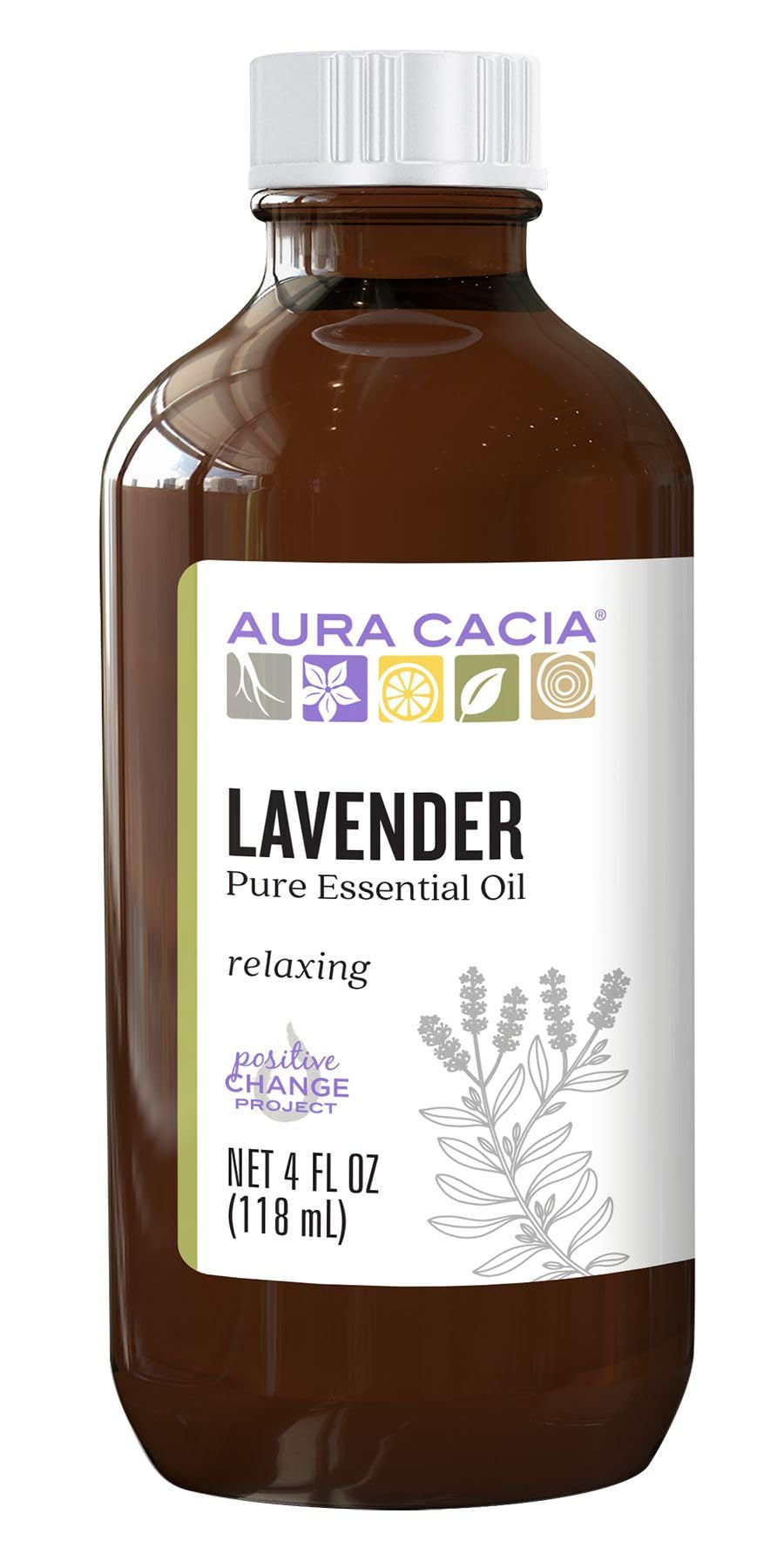 Aura Cacia frasco delantero de lavanda mostrando etiqueta y tamaño