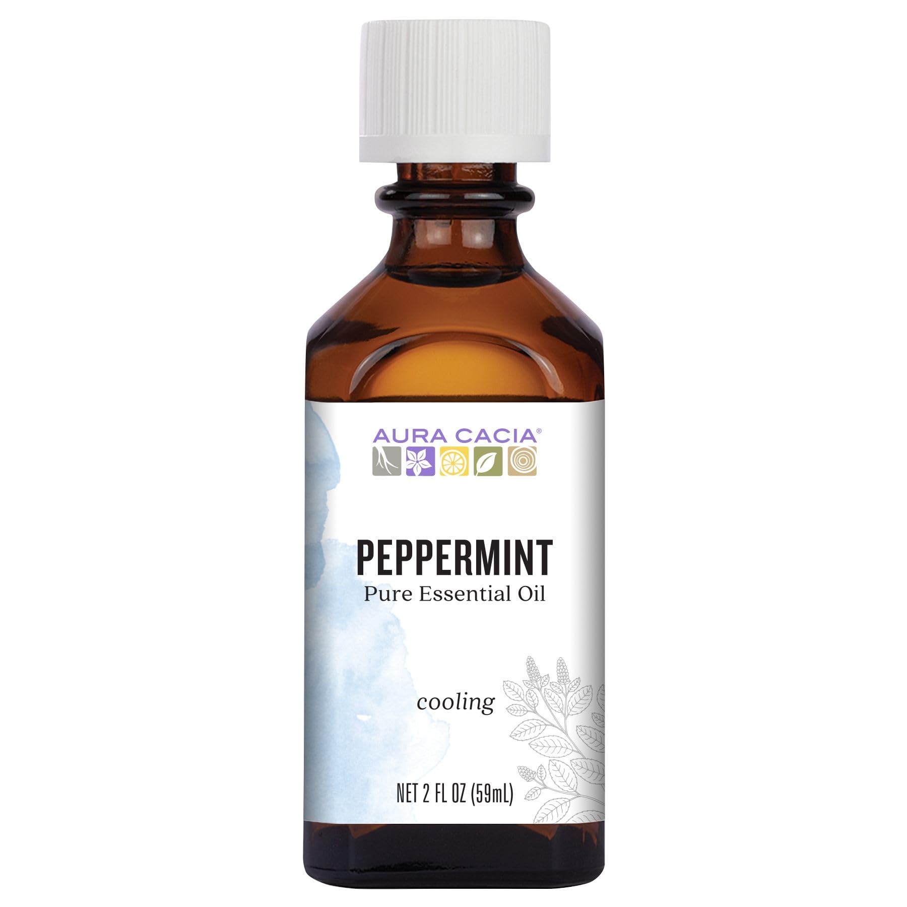 Aura Cacia frasco frontal de aceite de menta mostrando etiqueta clara y capacidad 60 ml