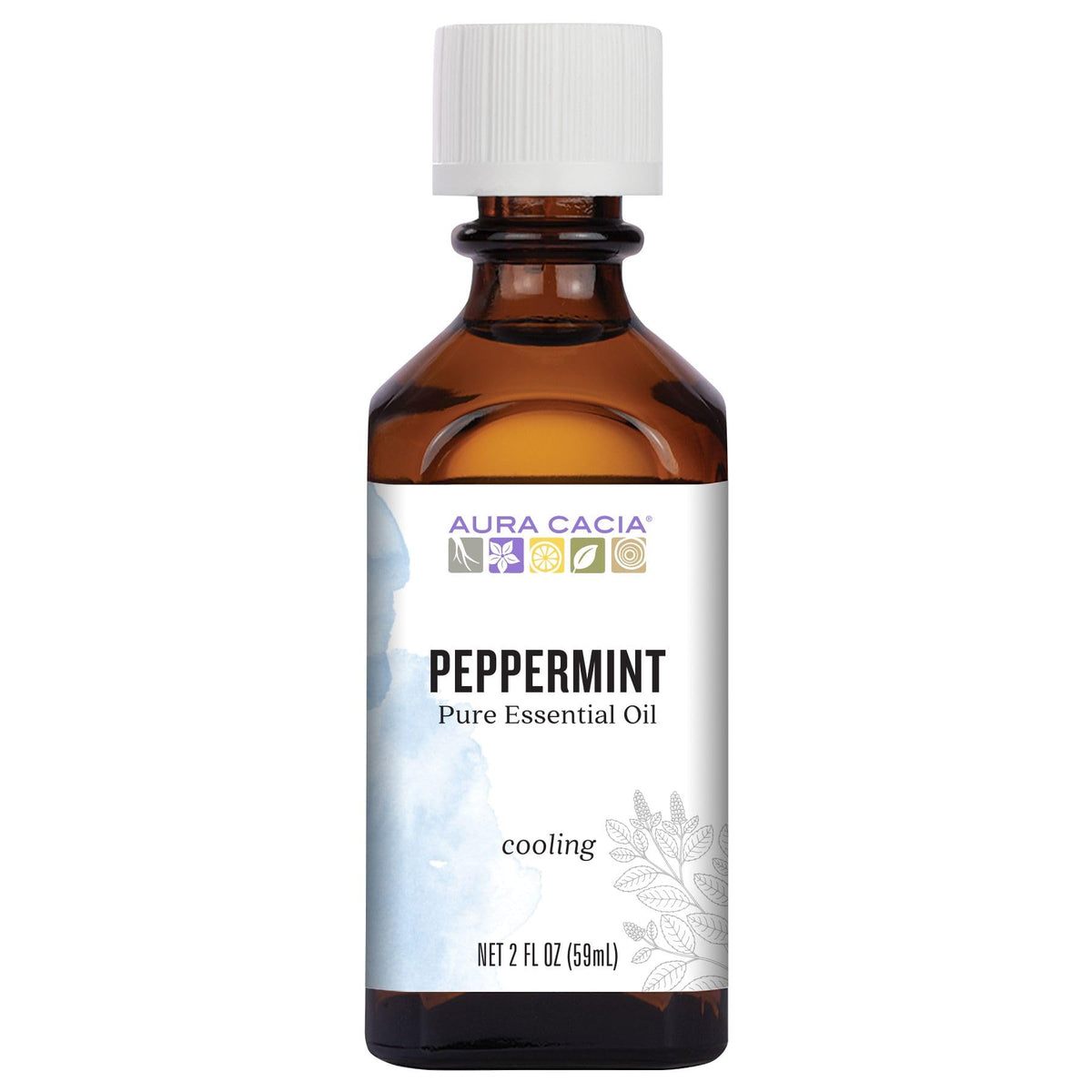 Aura Cacia frasco frontal de aceite de menta mostrando etiqueta clara y capacidad 60 ml