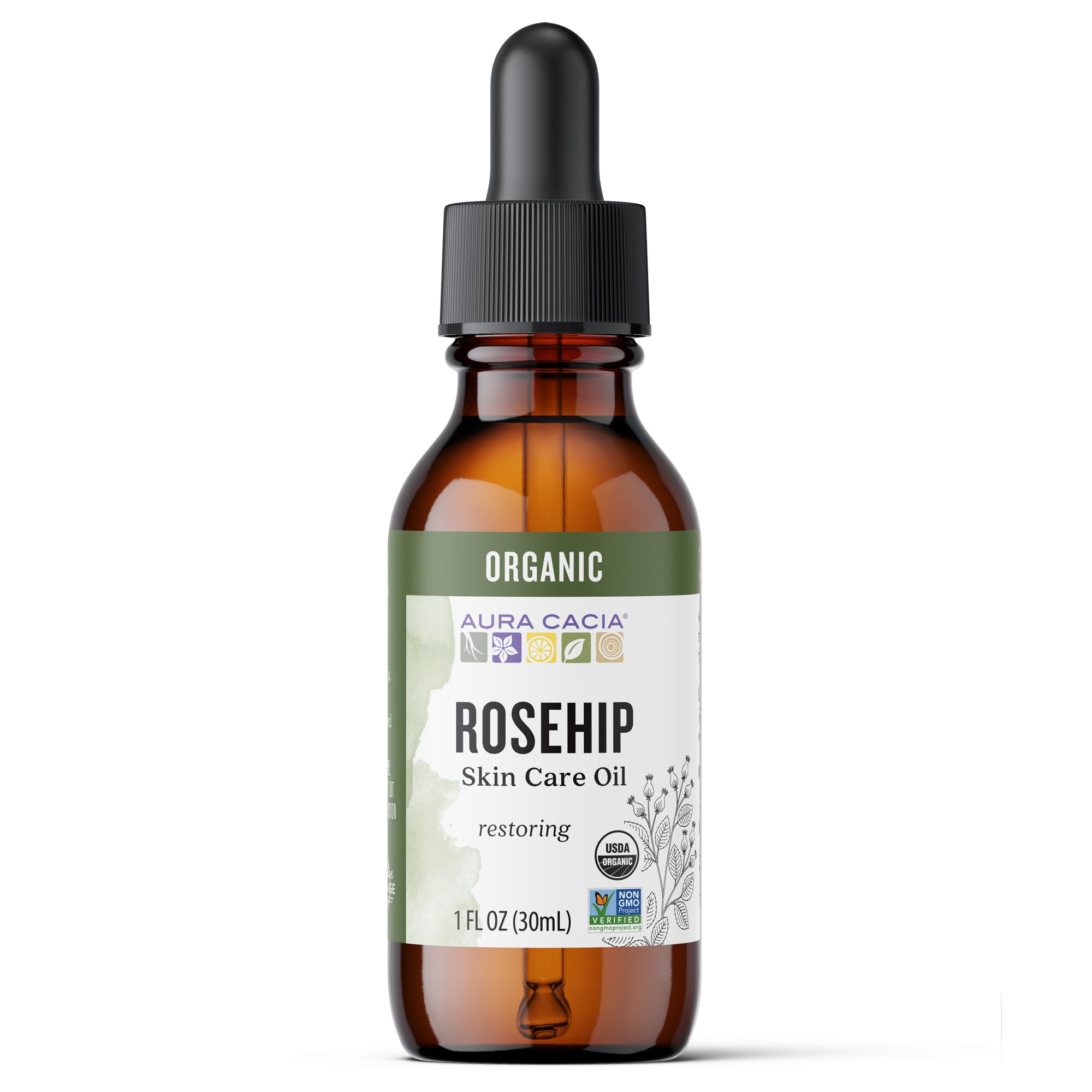Aura Cacia botella frontal de rosa mosqueta mostrando pureza y tamaño práctico