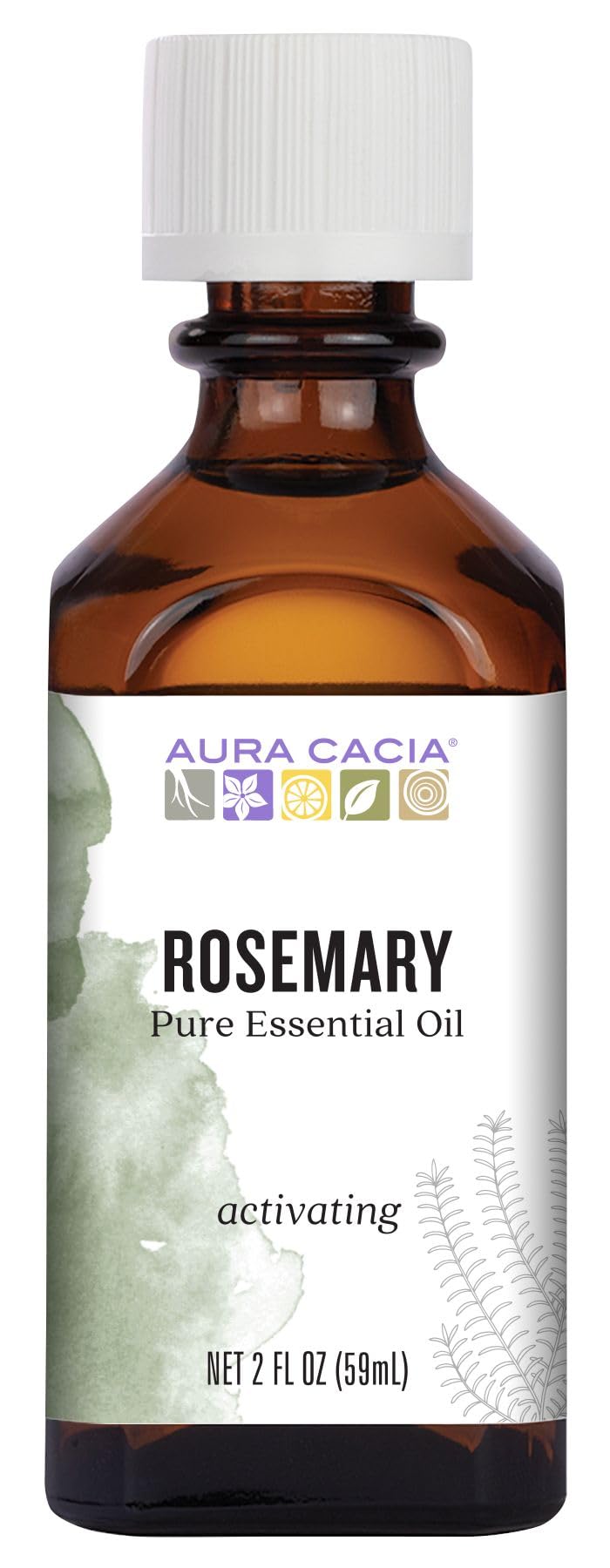 Aura Cacia botella frontal mostrando etiqueta clara y volumen ideal