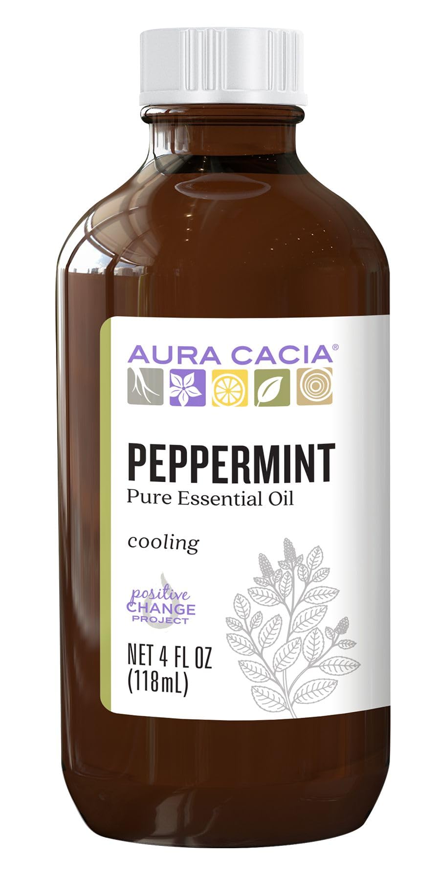 Aura Cacia botella frontal de menta 120 ml, envase claro y beneficios aromáticos
