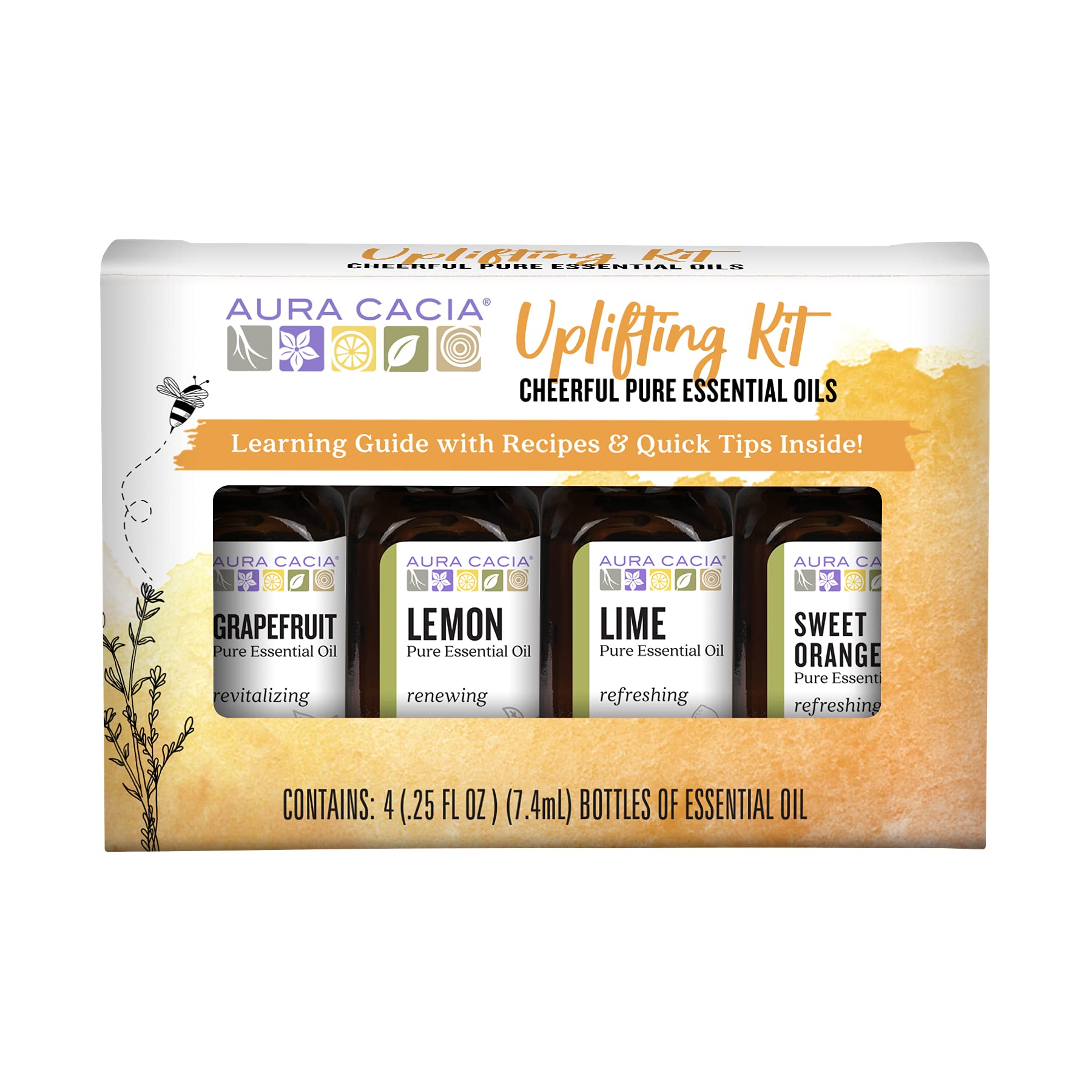 Aura Cacia frascos frontales del kit alegría mostrando etiquetas claras y beneficios aromáticos