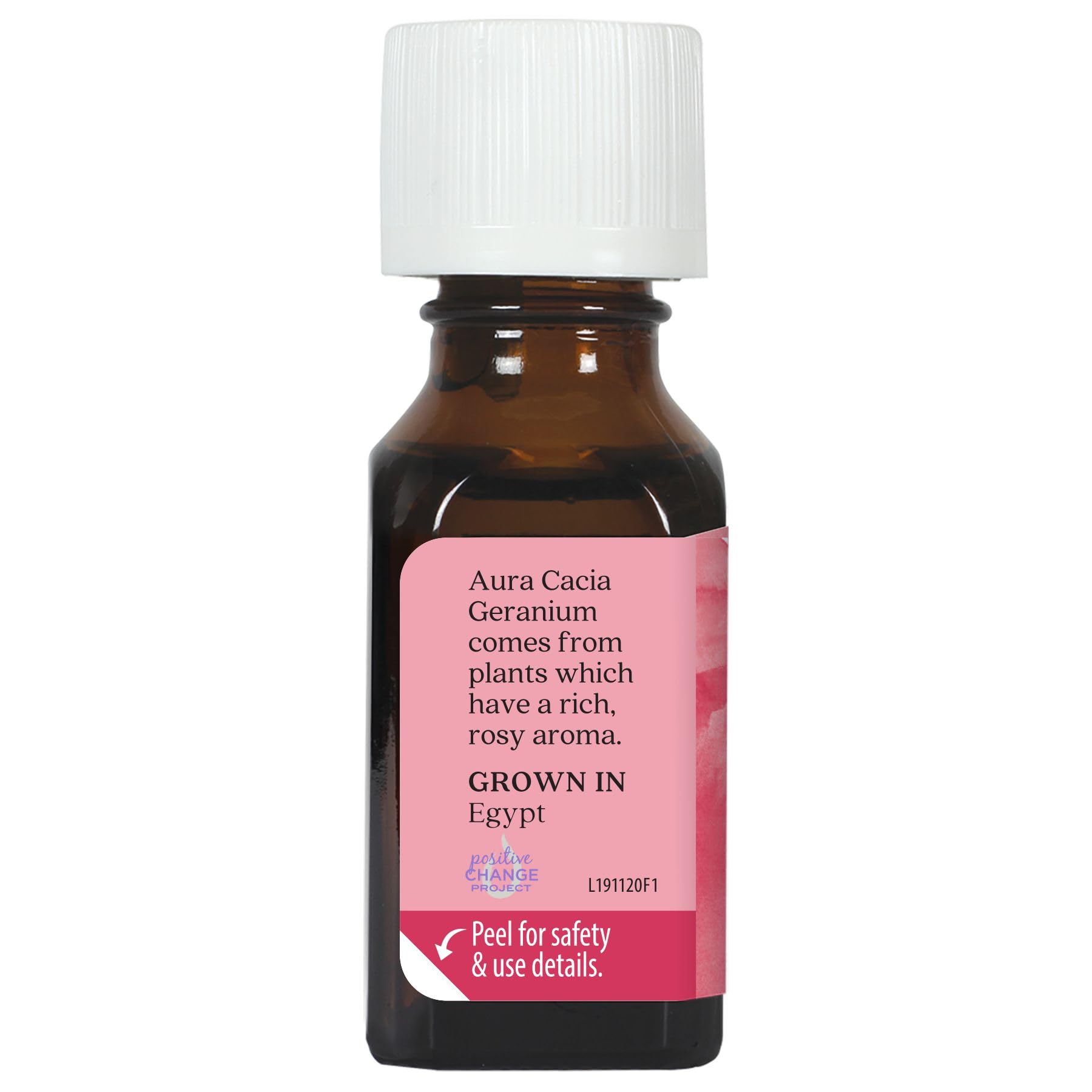 Aura Cacia etiqueta con detalles del producto y certificación GC/MS visible