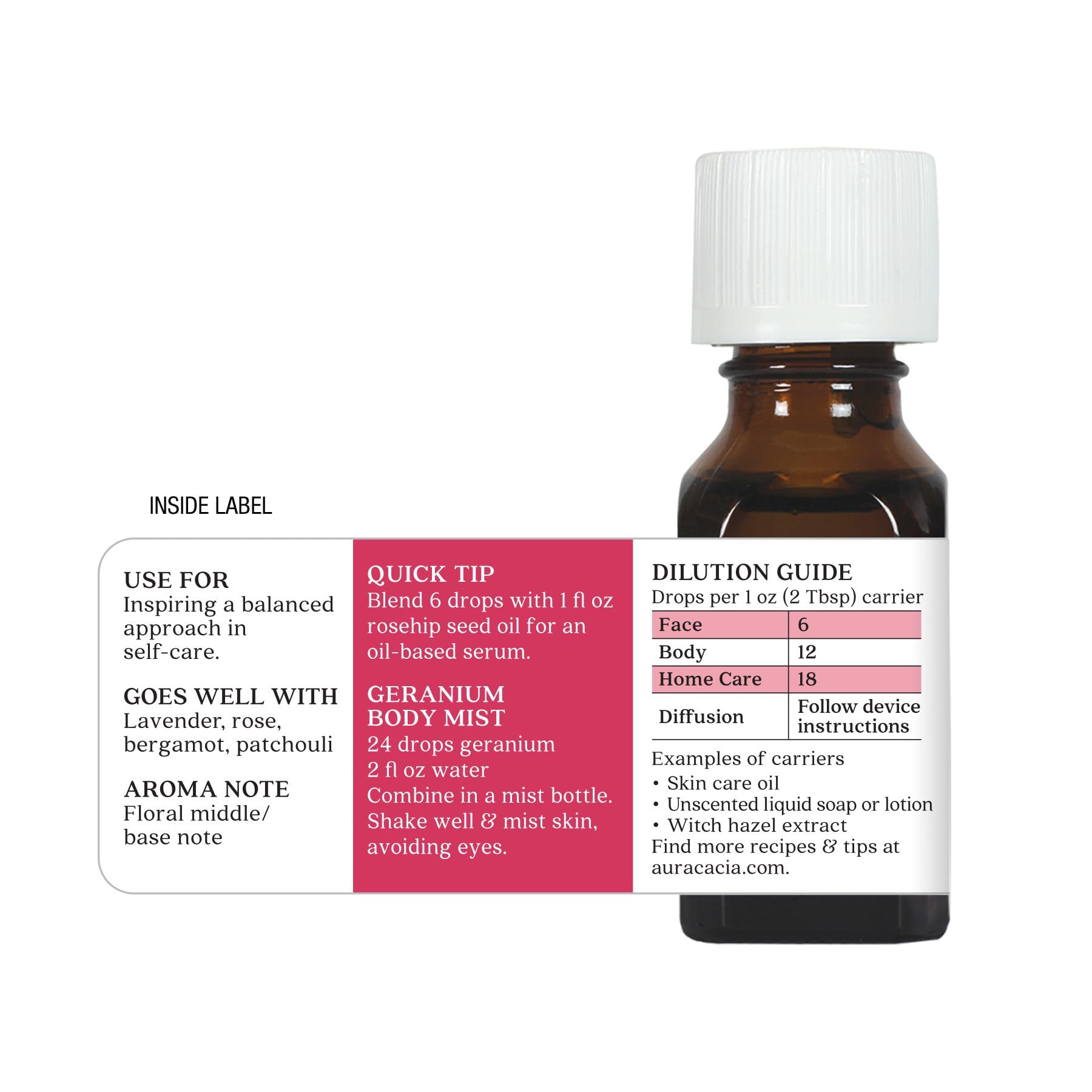 Aura Cacia hojas y flores de geranio en plantación en Egipto, origen claro