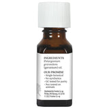 Aura Cacia gota de aceite esencial mostrando textura y pureza del geranio